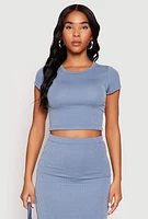 Womens Almost Famous Ribbed Knit Short Sleeve Top, Blue, Size M