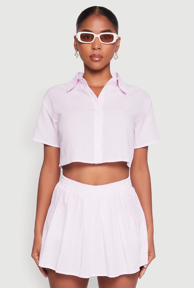 Womens Almost Famous Striped Seersucker Cropped Shirt, Pink, Size XL
