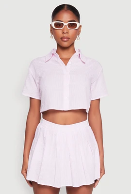 Womens Almost Famous Striped Seersucker Cropped Shirt, Pink, Size XL