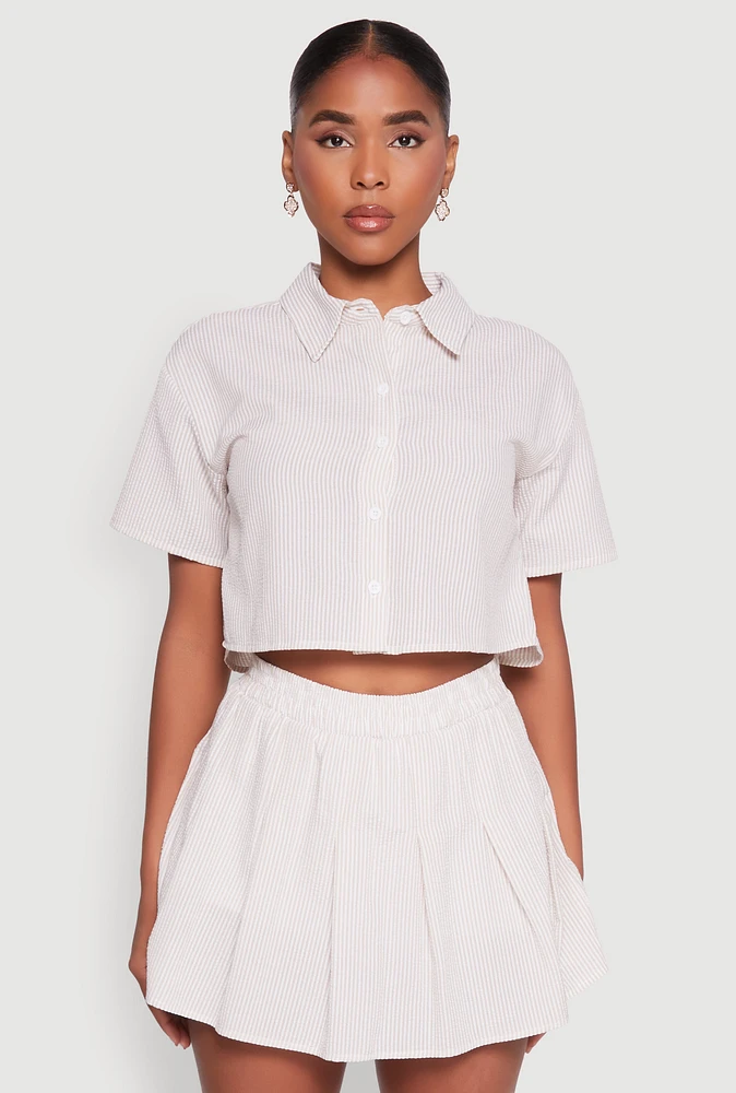 Womens Almost Famous Striped Seersucker Cropped Shirt, Beige, Size S