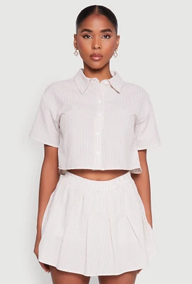 Womens Almost Famous Striped Seersucker Cropped Shirt, Beige, Size S