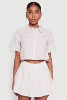 Womens Almost Famous Striped Seersucker Cropped Shirt, Beige, Size S