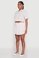 Womens Almost Famous Striped Seersucker Cropped Shirt, Beige, Size S