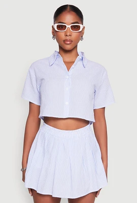 Womens Almost Famous Striped Seersucker Cropped Shirt, Blue, Size S