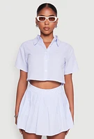 Womens Almost Famous Striped Seersucker Cropped Shirt, Blue, Size S