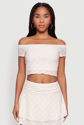 Womens Madden Girl Lace Off The Shoulder Crop Top, Beige, Size L