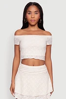 Womens Madden Girl Lace Off The Shoulder Crop Top, Beige, Size L
