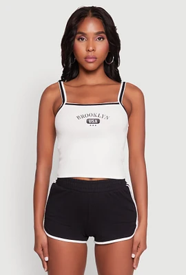 Womens Almost Famous Contrast Trim Graphic Print Crop Cami, White,