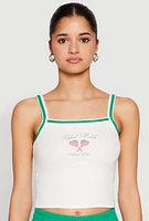Womens Almost Famous Contrast Trim Graphic Print Crop Cami, White,