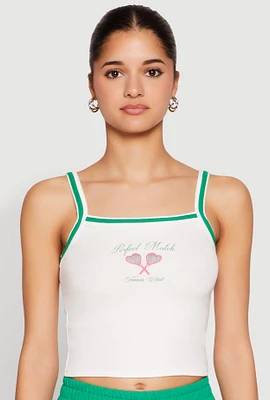 Womens Almost Famous Contrast Trim Graphic Print Crop Cami, White,