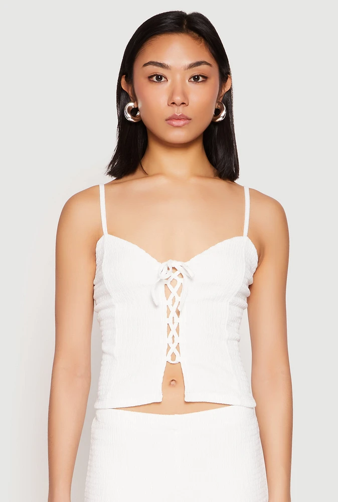 Womens Almost Famous Lace Up Crop Top, White, Size M