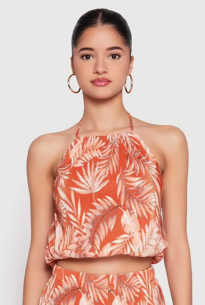 Womens Almost Famous Plisse Tropical Print Cropped Halter Top, Orange, Size L