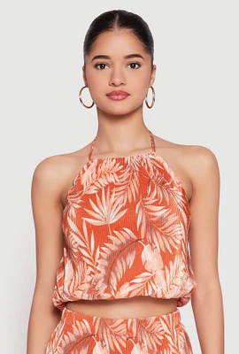 Womens Almost Famous Plisse Tropical Print Cropped Halter Top, Orange,