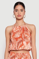 Womens Almost Famous Plisse Tropical Print Cropped Halter Top, Orange, Size XL