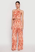 Womens Almost Famous Plisse Tropical Print Cropped Halter Top, Orange, Size XL