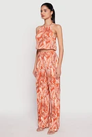 Womens Almost Famous Plisse Tropical Print Cropped Halter Top, Orange, Size XL