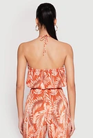 Womens Almost Famous Plisse Tropical Print Cropped Halter Top, Orange, Size L