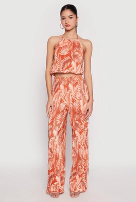 Womens Almost Famous Plisse Tropical Print Palazzo Pants, Orange, Size XL