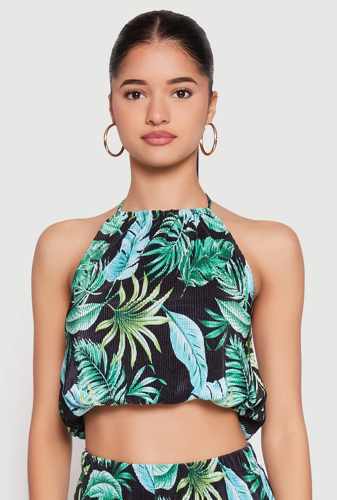 Womens Almost Famous Plisse Tropical Print Halter Crop Top, Multi, Size L