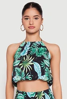 Womens Almost Famous Plisse Tropical Print Halter Crop Top, Multi, Size L