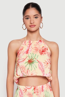 Womens Almost Famous Plisse Tropical Print Halter Crop Top, Multi,