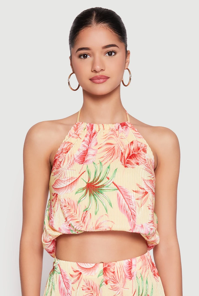 Womens Almost Famous Plisse Tropical Print Halter Crop Top, Multi, Size M