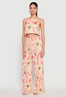 Womens Almost Famous Plisse Tropical Print Halter Crop Top, Multi, Size M