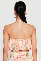 Womens Almost Famous Plisse Tropical Print Halter Crop Top, Multi,