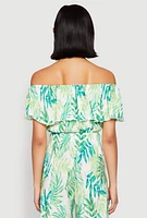 Womens Almost Famous Tropical Print Off the Shoulder Top, Green, Size L