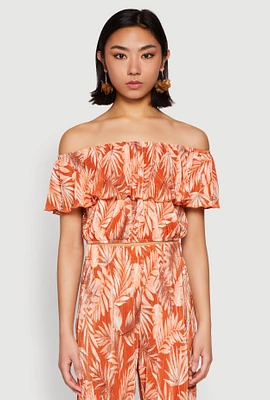 Womens Almost Famous Tropical Print Off the Shoulder Top, Orange, Size L