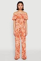 Womens Almost Famous Tropical Print Off the Shoulder Top, Orange, Size M