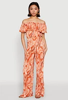 Womens Almost Famous Tropical Print Off the Shoulder Top, Orange,