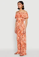 Womens Almost Famous Tropical Print Off the Shoulder Top, Orange, Size L