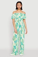 Womens Almost Famous Plisse Leaf Print Pants, Green, Size M