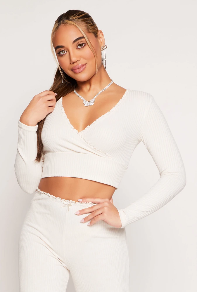 Womens Almost Famous Lace Trim Faux Wrap Crop Top,