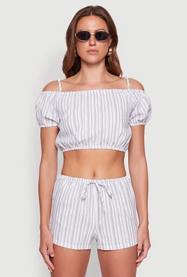 Womens Madden Girl Striped Cold Shoulder Puff Sleeve Top, Blue, Size M