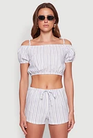 Womens Madden Girl Striped Cold Shoulder Puff Sleeve Top, Blue, Size M