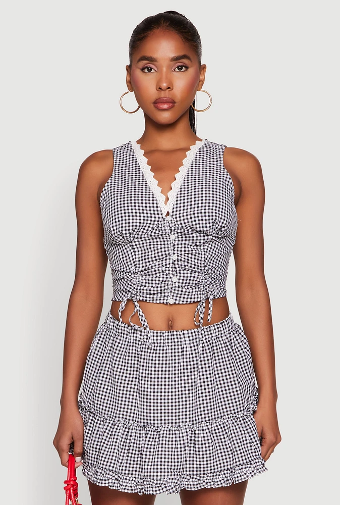 Womens Almost Famous Gingham Button Front Crop Top, Multi, Size S