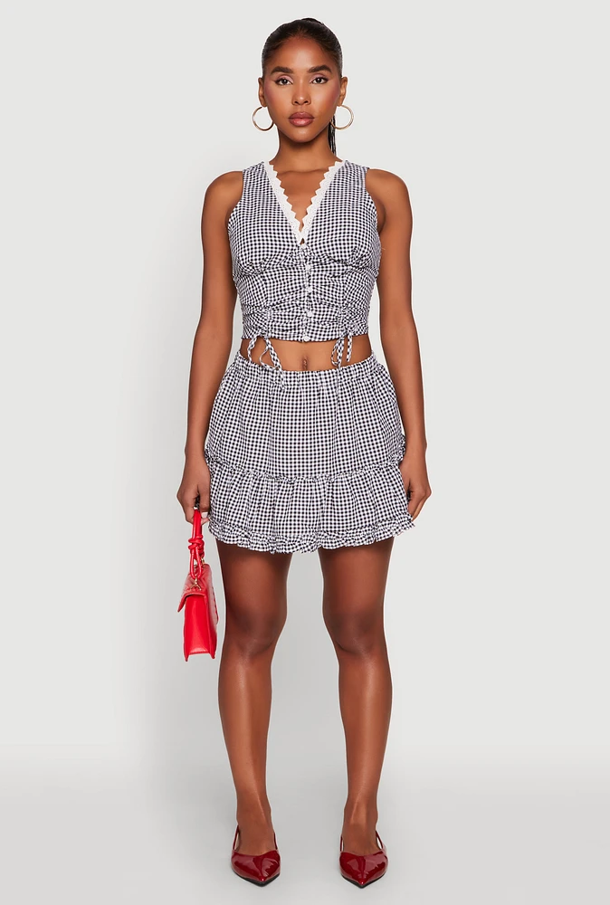 Womens Almost Famous Gingham Button Front Crop Top,