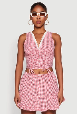 Womens Almost Famous Gingham Button Front Crop Top, Red, Size M