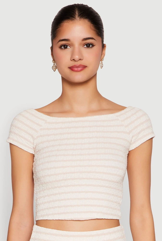 Womens Almost Famous Textured Knit Striped Top, Beige, Size L