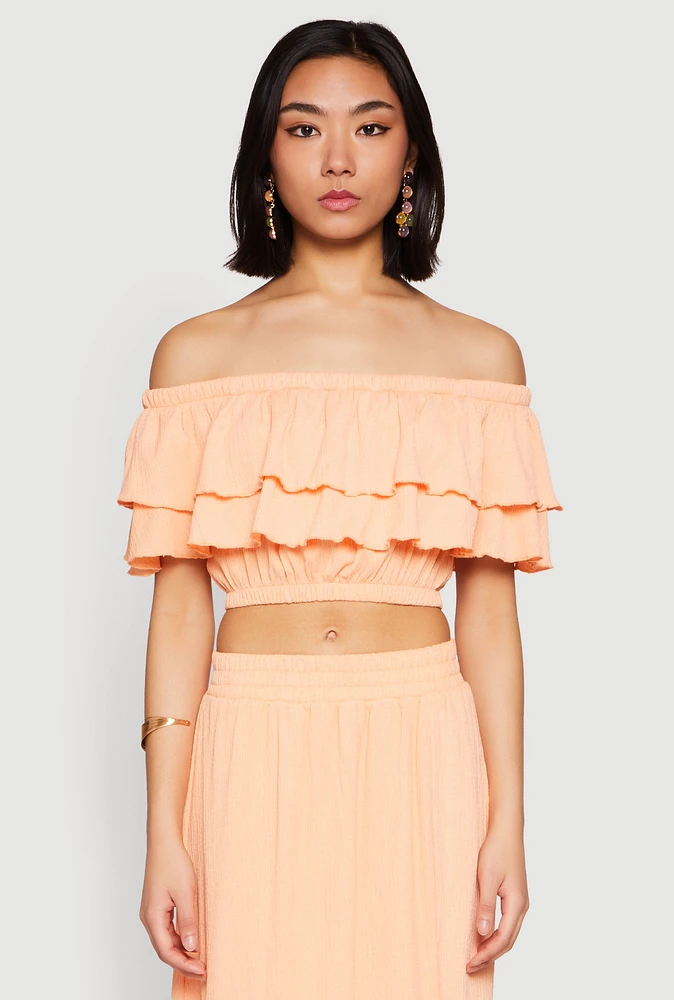 Womens Tiered Off the Shoulder Crop Top, Orange, Size L