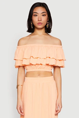 Womens Tiered Off the Shoulder Crop Top, Orange, Size L