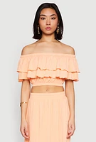 Womens Tiered Off the Shoulder Crop Top, Orange, Size L