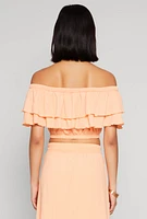 Womens Tiered Off the Shoulder Crop Top, Orange, Size L