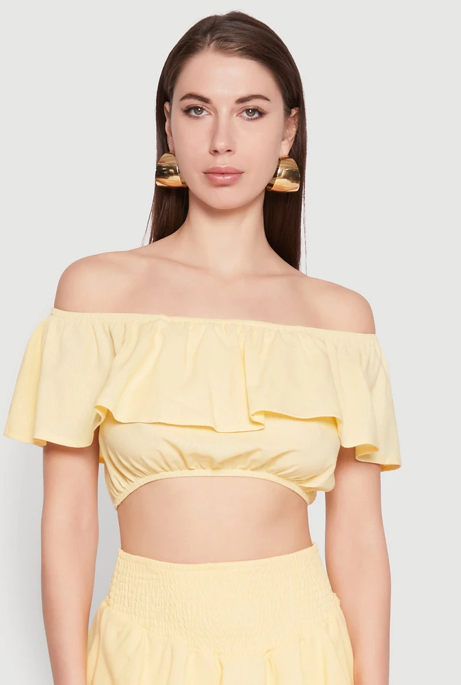 Womens Almost Famous Ruffle Overlay Off the Shoulder Crop Top, Yellow, Size S