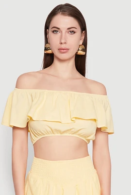 Womens Almost Famous Ruffle Overlay Off the Shoulder Crop Top, Yellow, Size S
