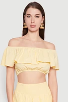 Womens Almost Famous Ruffle Overlay Off the Shoulder Crop Top, Yellow, Size S