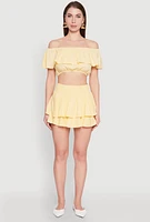 Womens Almost Famous Ruffle Overlay Off the Shoulder Crop Top, Yellow, Size S