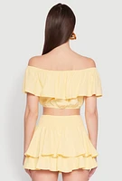 Womens Almost Famous Ruffle Overlay Off the Shoulder Crop Top, Yellow, Size S